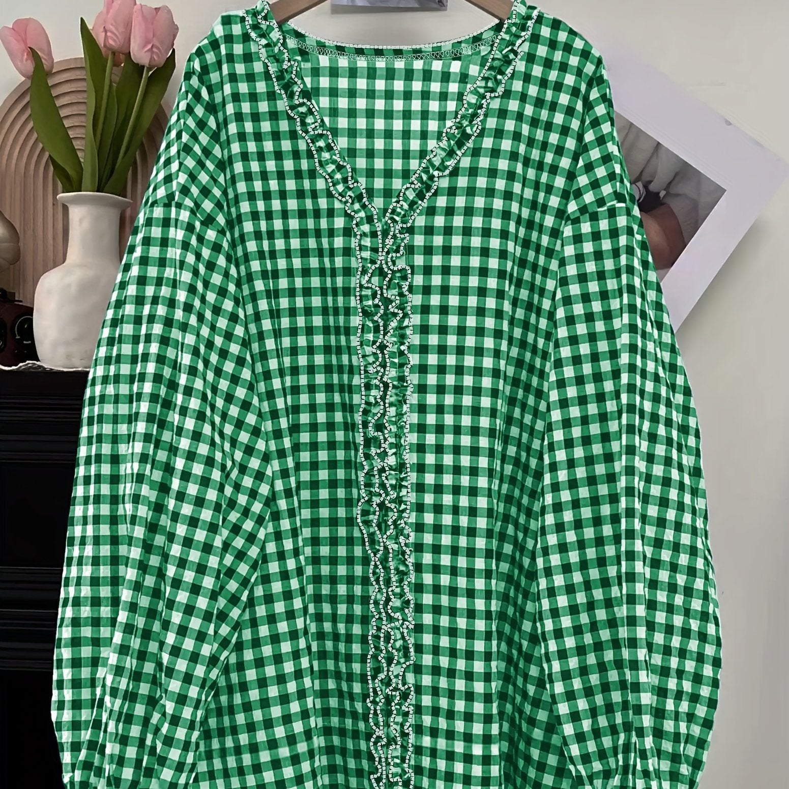 Plus Size Women's Loose Checkered Wood Ear Flap Shirt