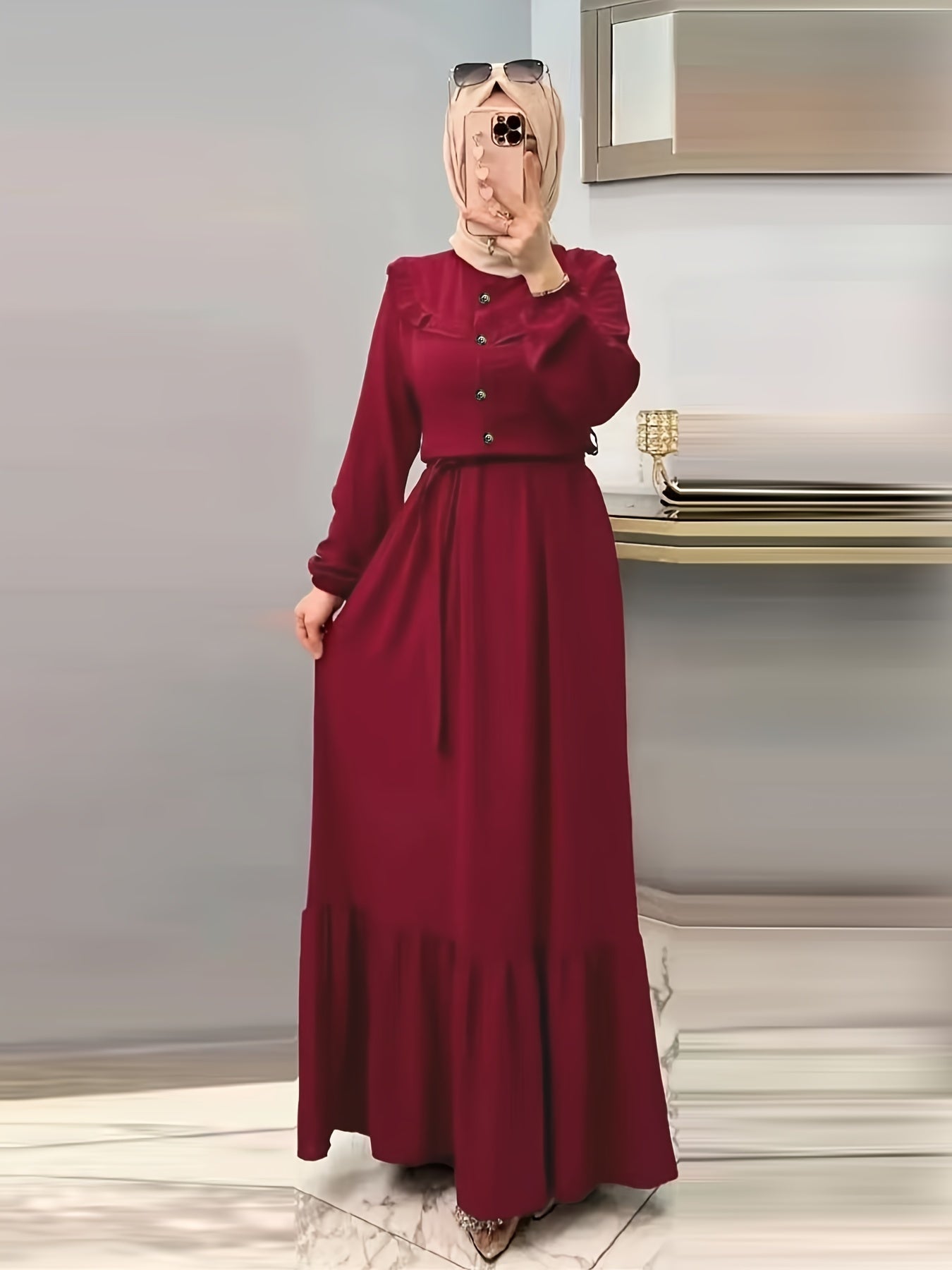 Elegant Burgundy Maxi Dress for Muslim Women Long Sleeve Button Solid Polyester Spandex Casual
