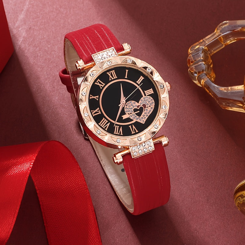 5 ta ayollar uchun romantik rhinestone yurak soatlari to'plami, kvarts mexanizmi va PU charm bandlari bilan