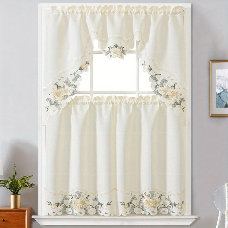 3-Piece Beige Floral Embroidered Polyester Window Curtains for Bedroom Living Room Kitchen