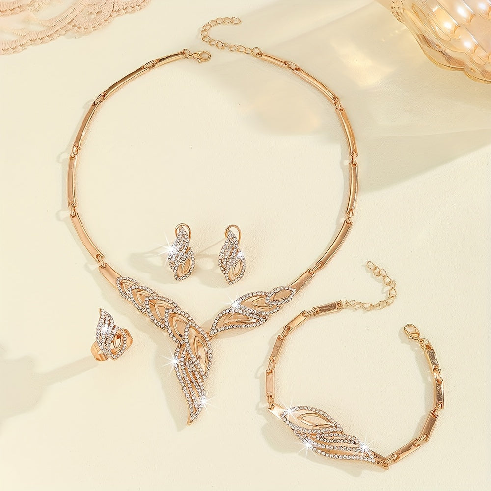 Gold Plated Jewelry Set with Earrings Necklace Bracelet and Ring for Women