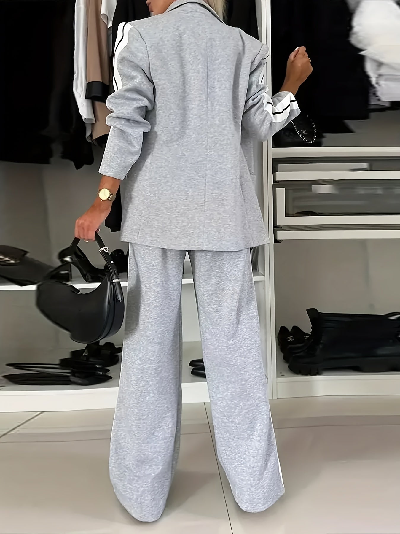 Women's Knit Blazer and Pants Set Long Sleeve Lapel Collar Solid Casual Spring Fall