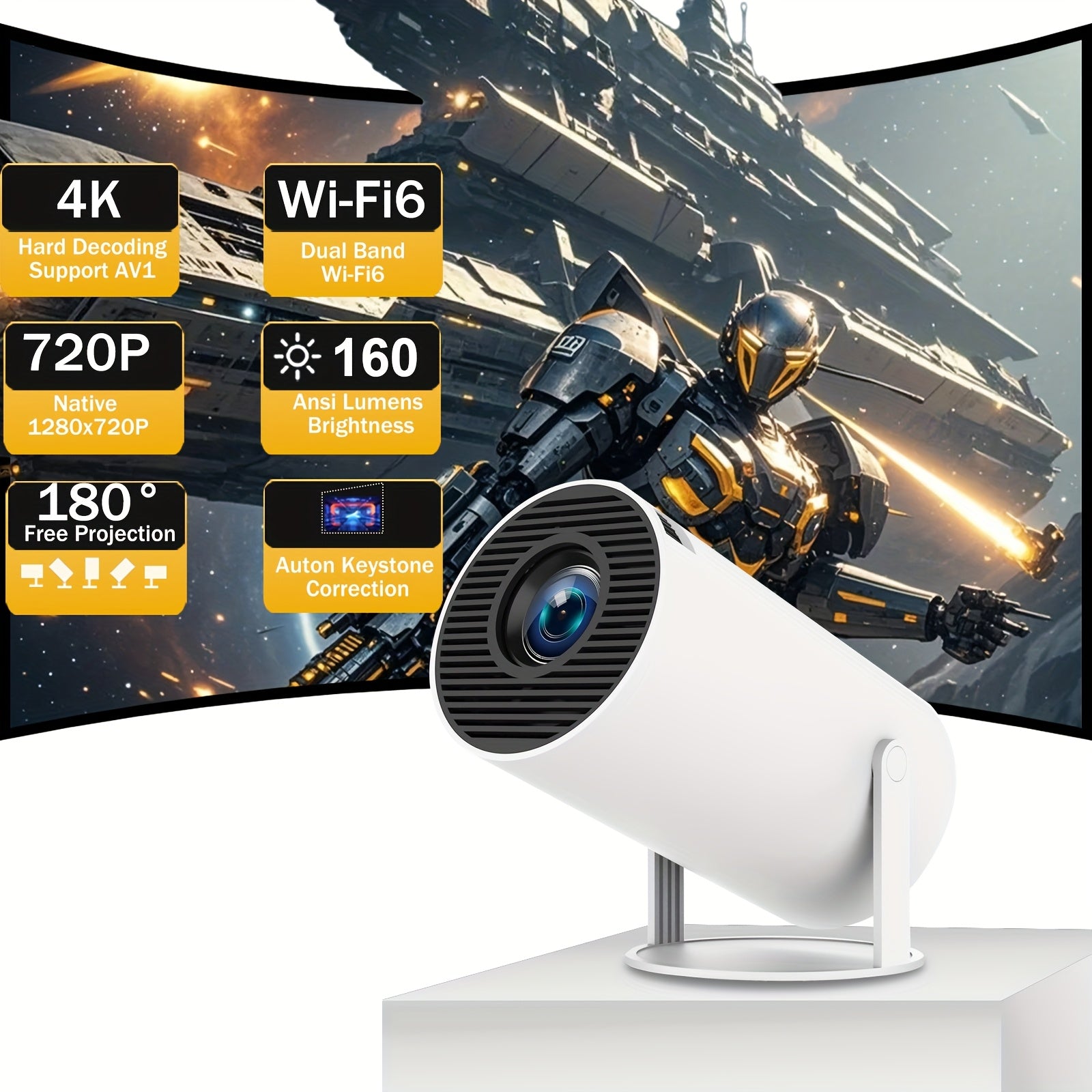 Портативный Android-проектор с WiFi 6, яркостью 160 ANSI, встроенным динамиком