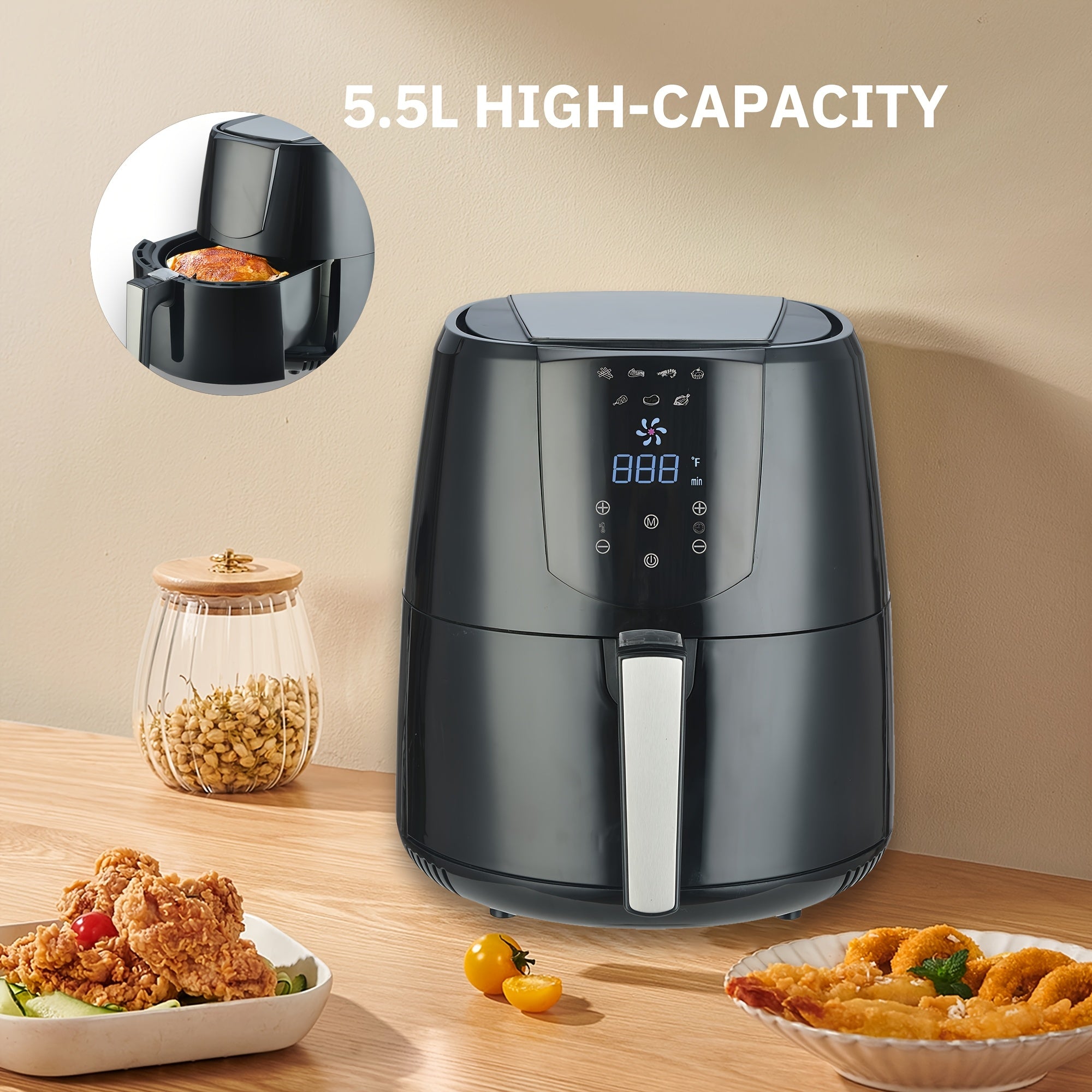 Цифровая аэрогриль 5.5Л LED-дисплей сенсорный экран без масла черный PP 1400Вт