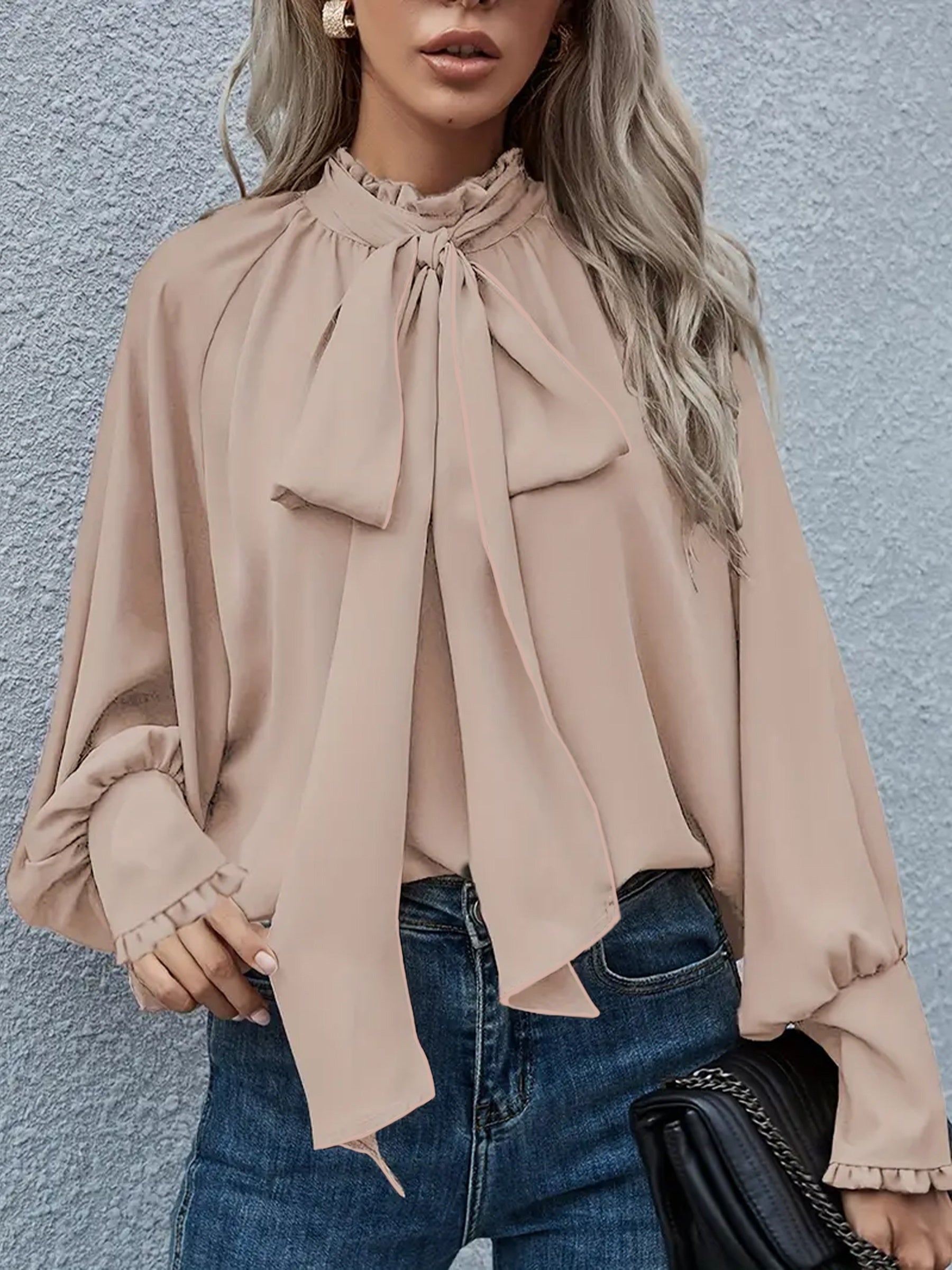 Women's Plus Size Tie Neck Blouse Long Sleeve Spring Fall Solid Color