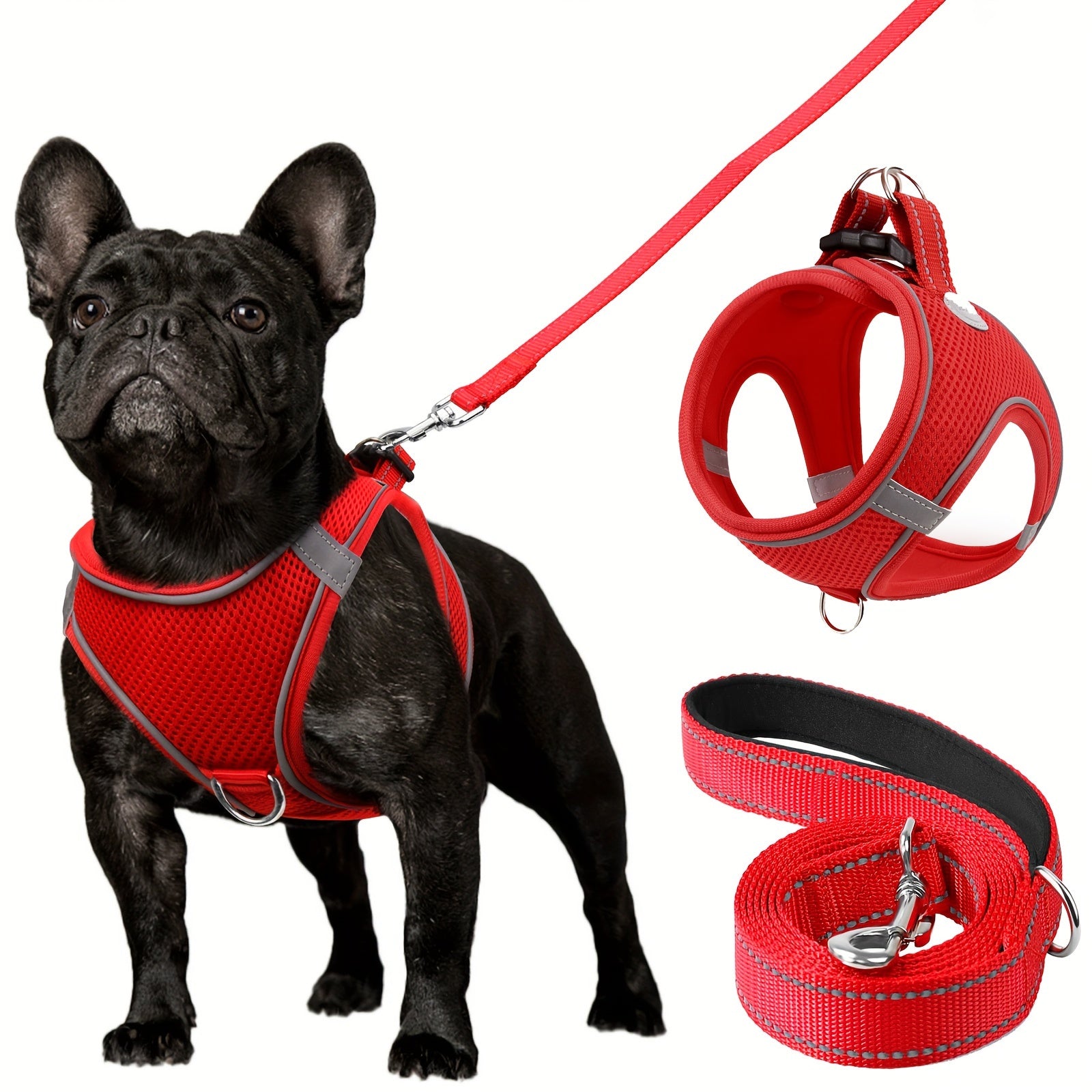 Reflective Dog Harness and Leash Set for Small to Medium Breeds Mesh Padded Nylon No-Choke Safety