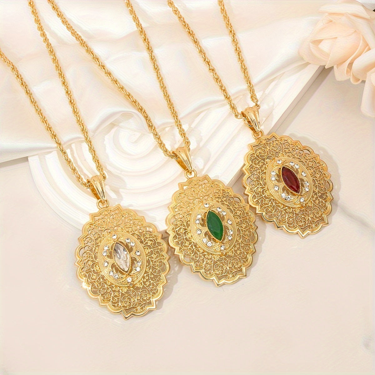 Antique Tribal Pendant Necklace with Synthetic August Birthstone Resin Gold Plated Floral Hollow Design for Bridal and Everyday Wear