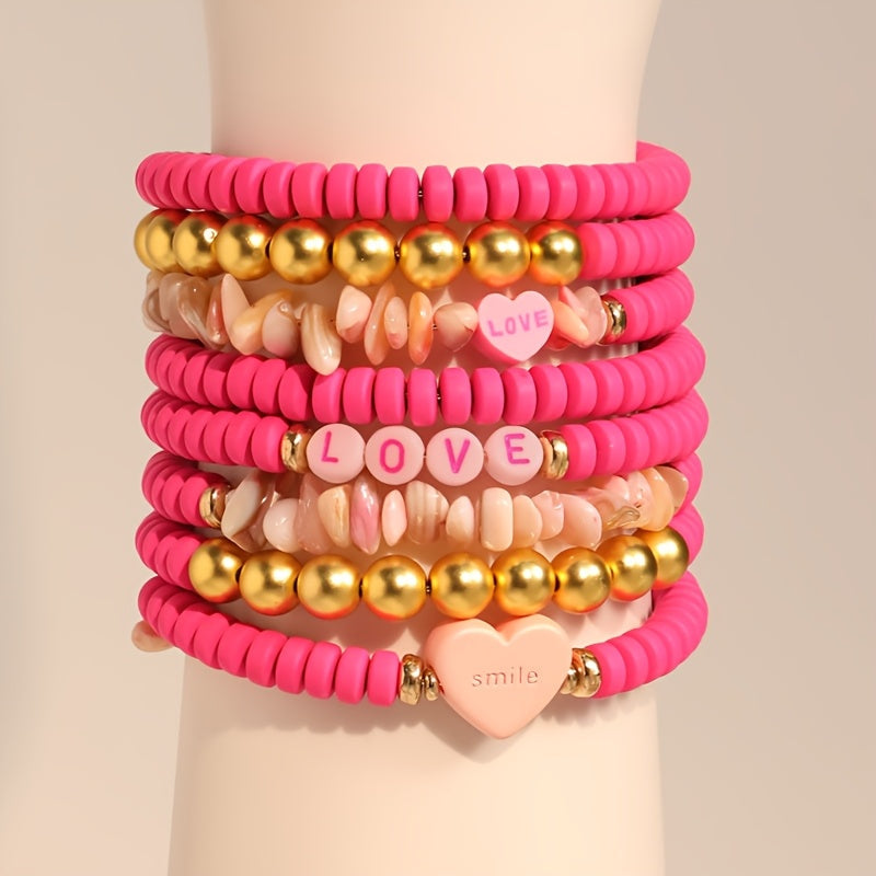 Pink Resin Beaded Heart Love Bracelet for Women Bohemian Style Valentine’s Day Accessory