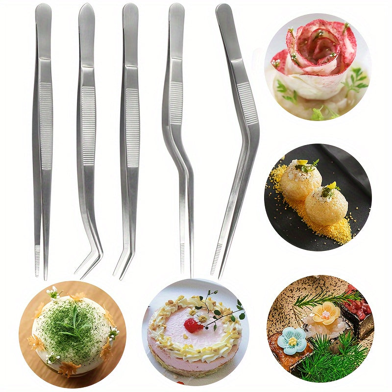 Set of 5 Stainless Steel Kitchen Tweezers for Cooking, Grilling, and Plating