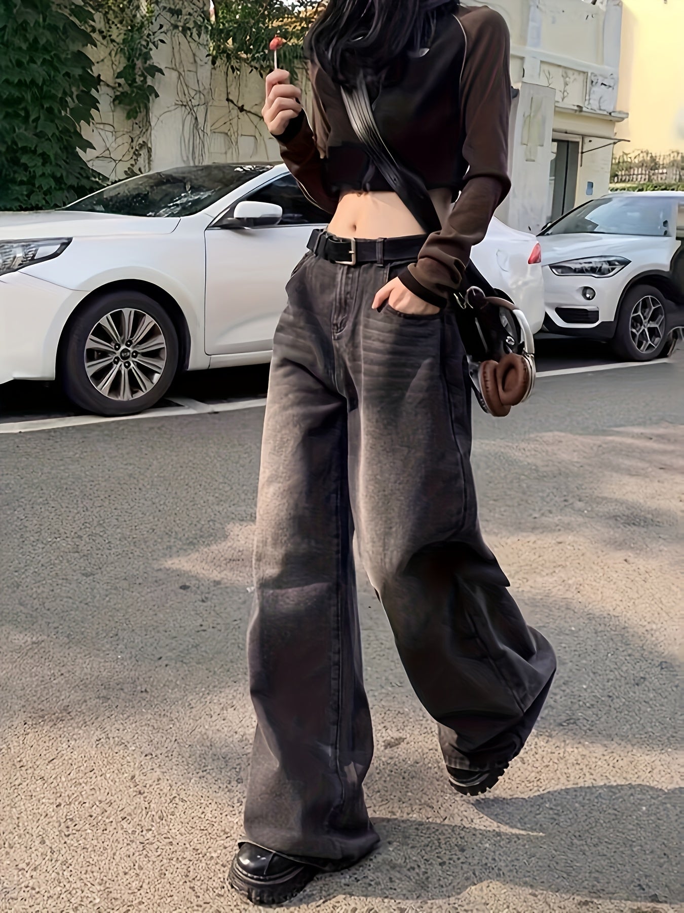 Ayollar uchun katta o'lchamli vintage yuqori bel keng bo'yinli keng yengli jinsilar, kundalik, buzilgan denim