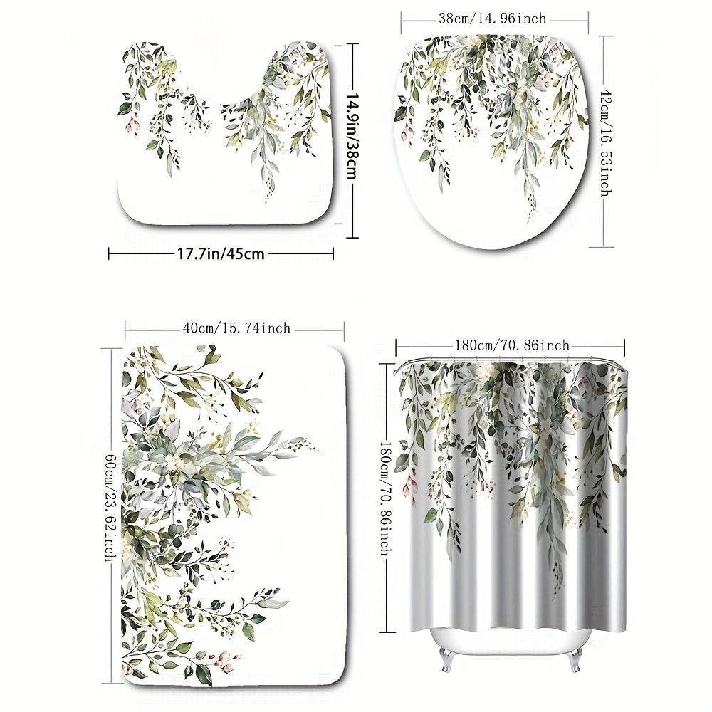 Eucalyptus Leaf Shower Curtain 180x180cm with 12 Hooks Bathroom Decor