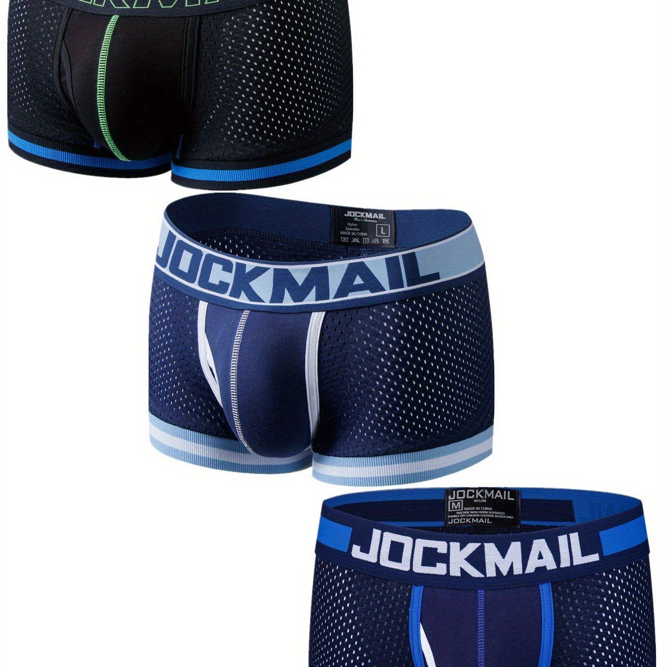 Men's Boxer Briefs Set of 3 Black White Blue Low Waist Breathable Mesh Color Block