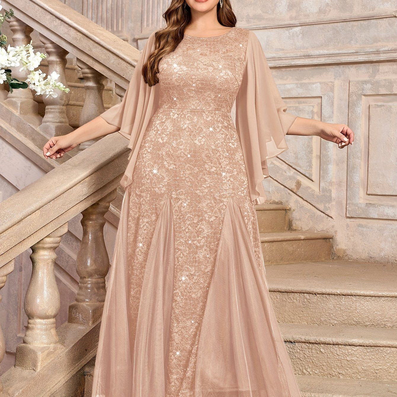 Elegant Floral Mermaid Dress with Butterfly Sleeves Sequin Lace Mesh Evening Gown