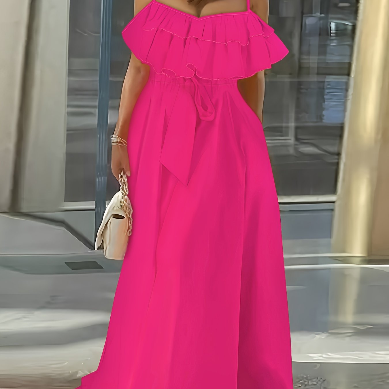 Women's Sleeveless Maxi Dress with Ruffle Trim and Tie Waist Polyester Elegant Spring Summer