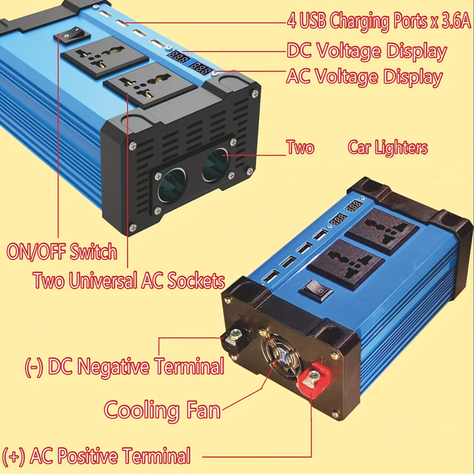 Inversor de corriente de DC12V a AC110V 300W con 4 puertos USB, enchufes universales y pantalla LED