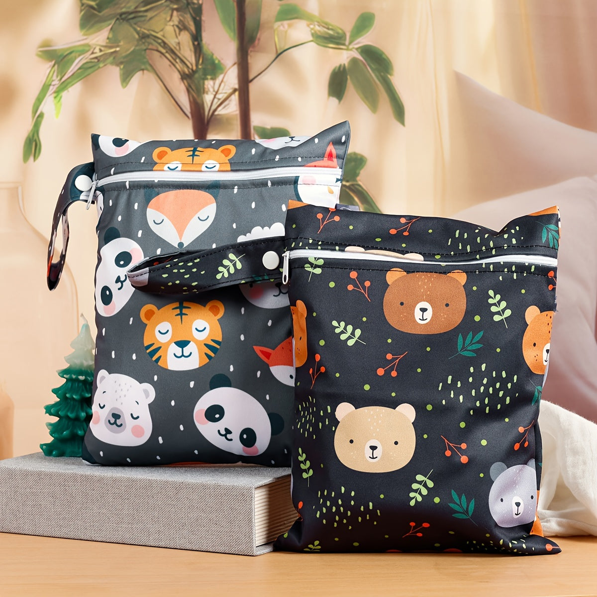 Set of 2 Waterproof Reusable Diaper Bags for Mothers with Zipper Closure