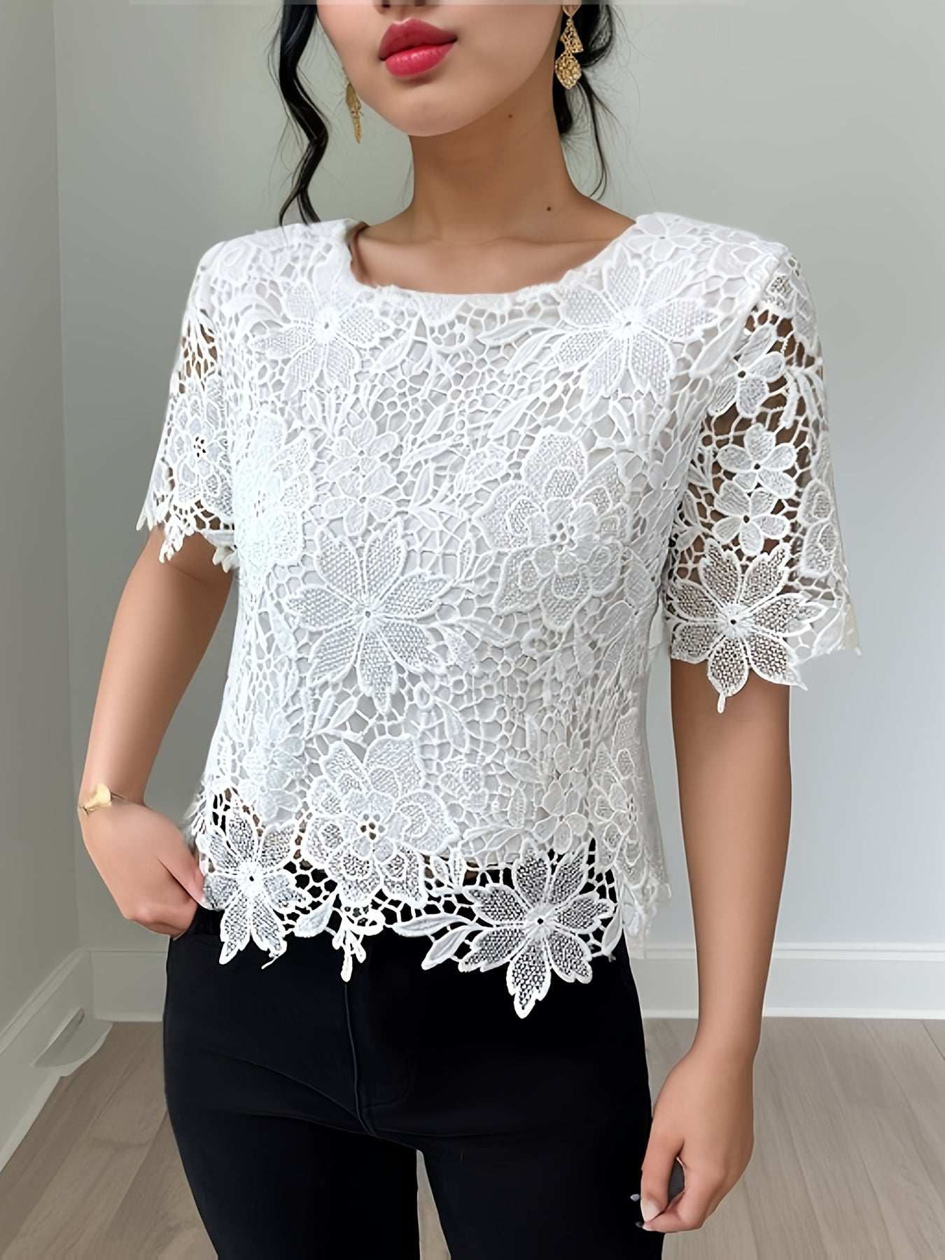 Блузка женская большого размера с цветочным кружевом полупрозрачная легкая повседневная топ