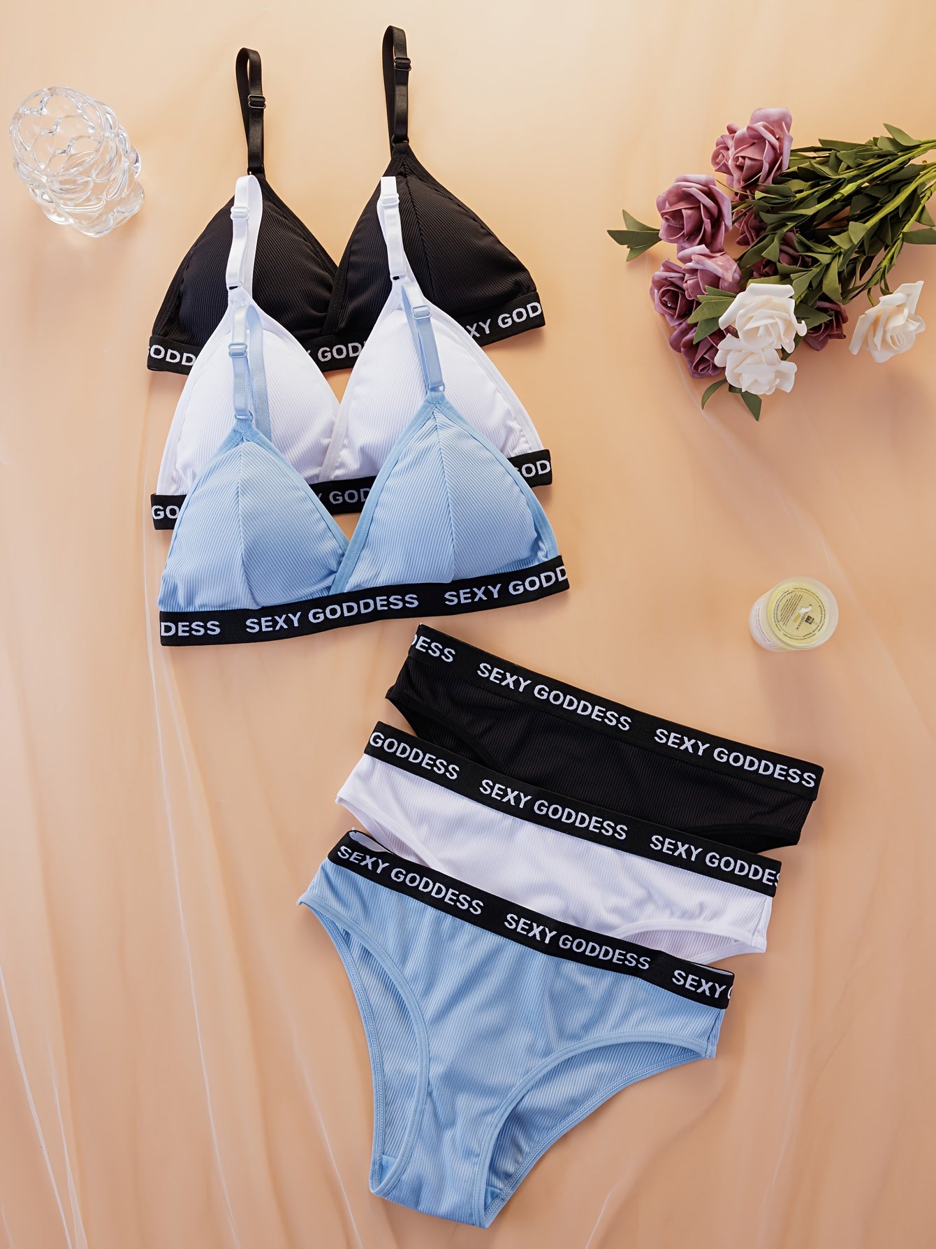 Women's Lingerie 3-Piece Letter Print Bra and Panty Set with Removable Pads