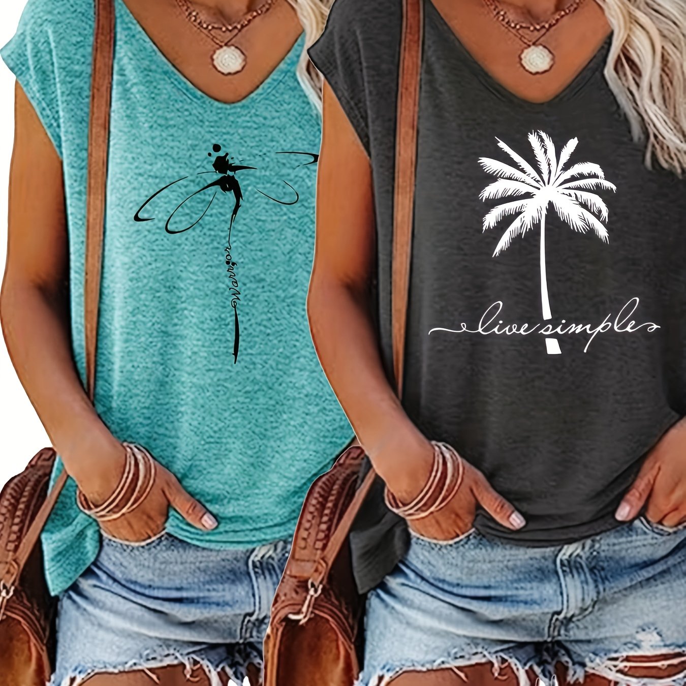 Plus Size Women's V-Neck Vests Two-Piece Set Floral Palm Tree Spring Summer Fabric