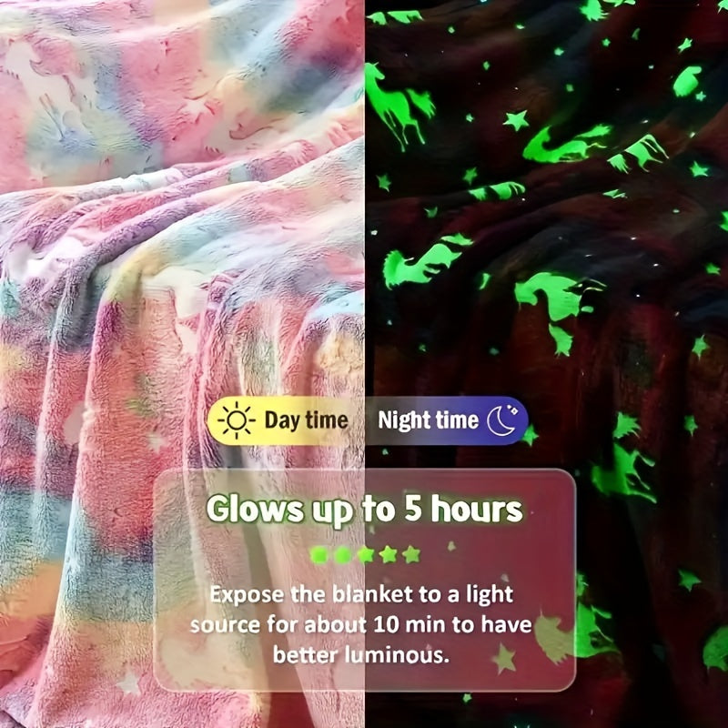 Kids Glow-in-the-Dark Fuzzy Throw Blanket with Stars and Unicorns