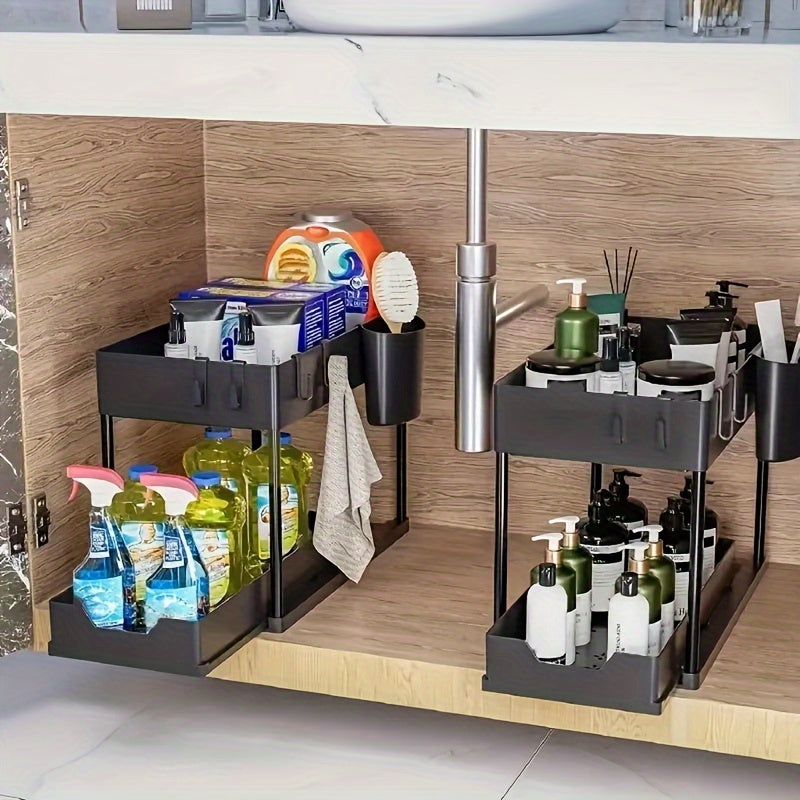 Organizador de almacenamiento de plástico y aluminio de 2 niveles con estantes extraíbles para cocina y baño