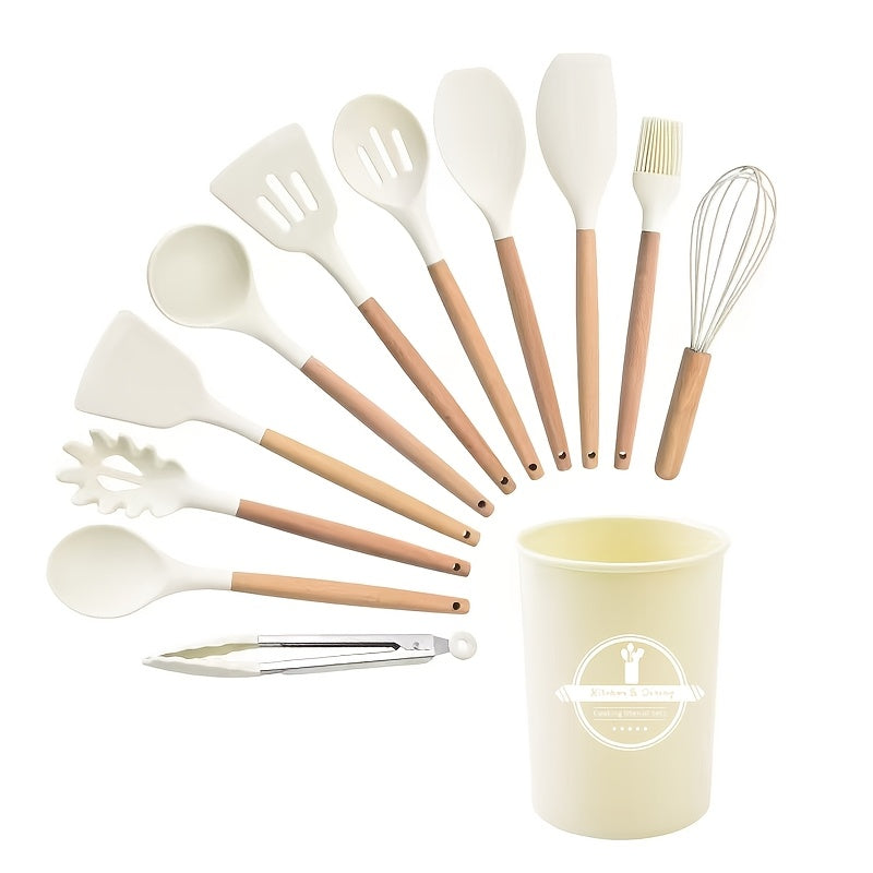 Silicone Kitchen Utensil Set 12 Pieces Non-Stick Food-Safe Cooking Tools with Wooden Handles