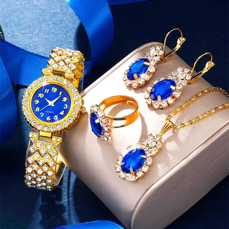 5 ta ayollar uchun rhinestone kvarts soatlari va mos keladigan zargarlik buyumlari sovgʻa to'plami