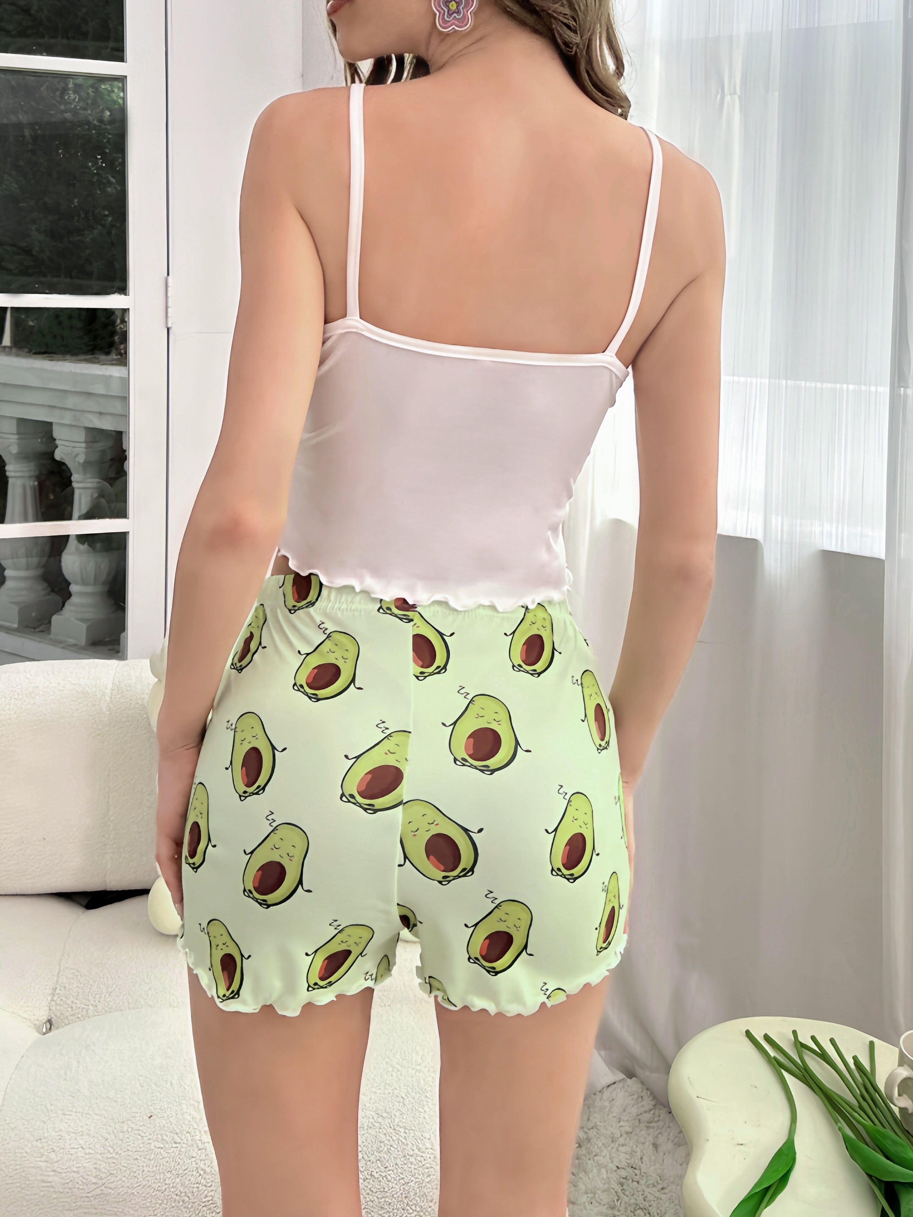 Women's Avocado Print Pajama Set with Cami Top and Lettuce Trim Shorts