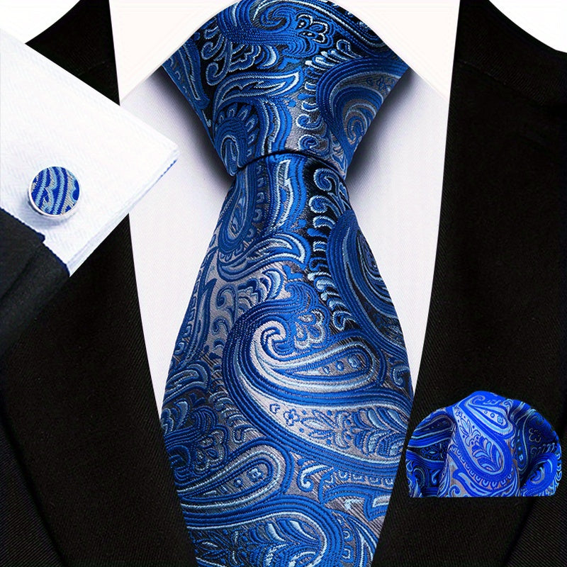 Men's Floral Plaid Necktie and Handkerchief Clip Set for Business and Weddings