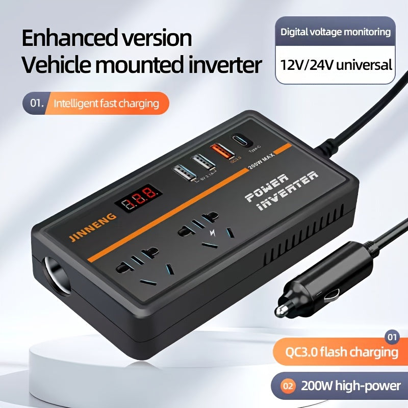 Vehicle Power Converter 12V/24V to 220V with USB Charging Digital Display