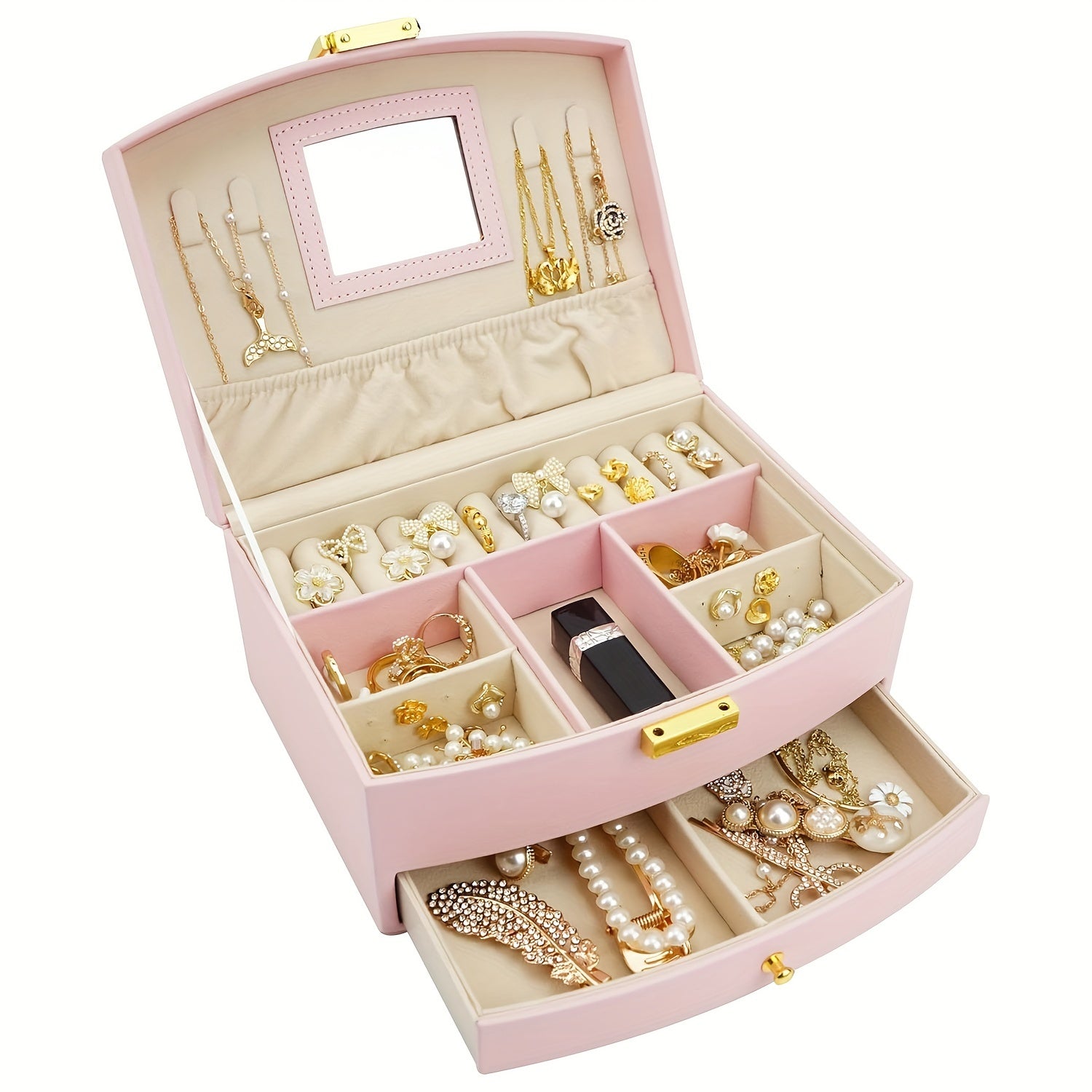 Ko‘p bo‘limli va zipli yopilishi bilan sun’iy charmli zargarlik buyumlarini tashkil etuvchi quti