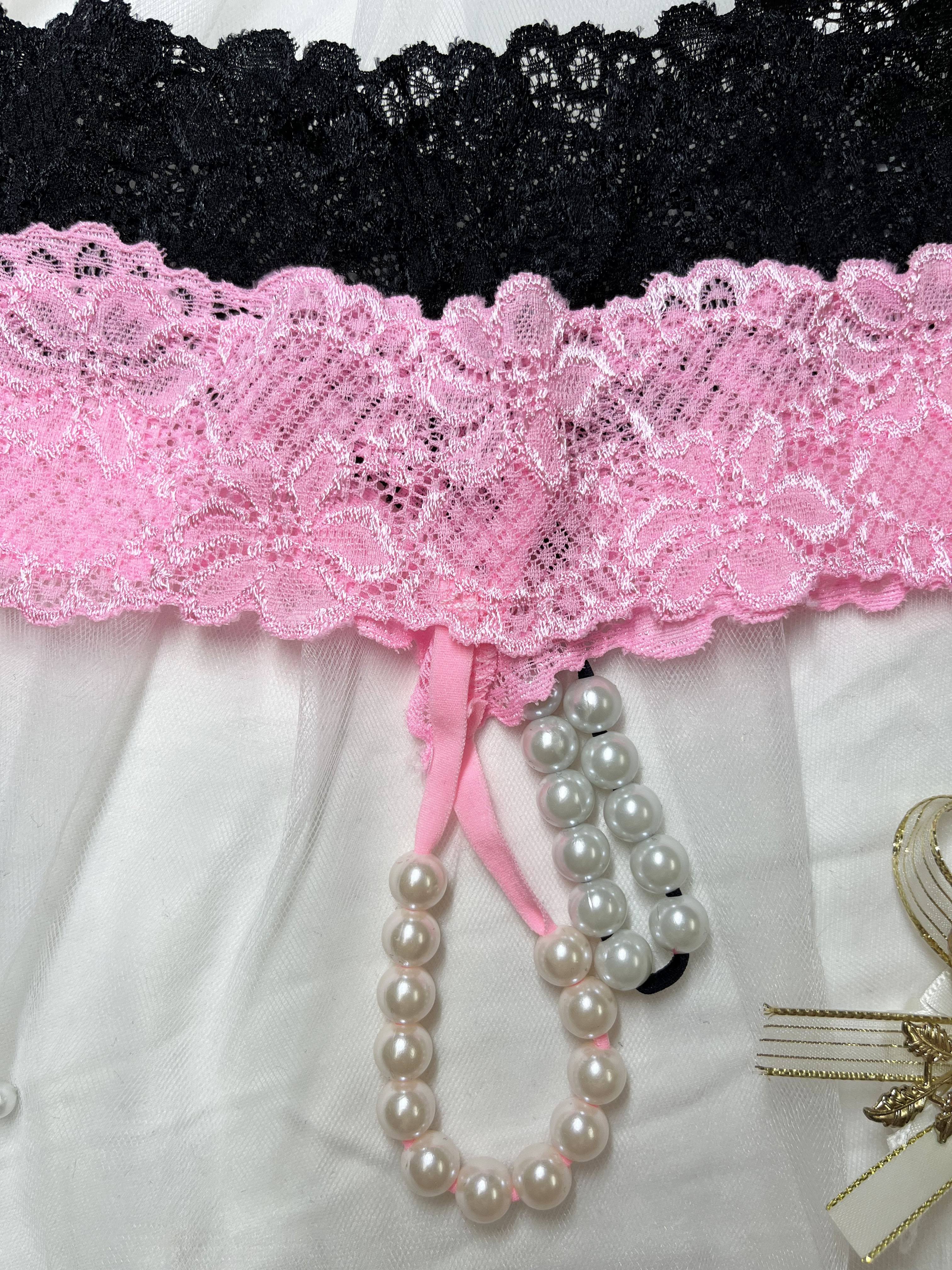 Black and Pink Lace Massage Thong Set with Beads 2-Pack