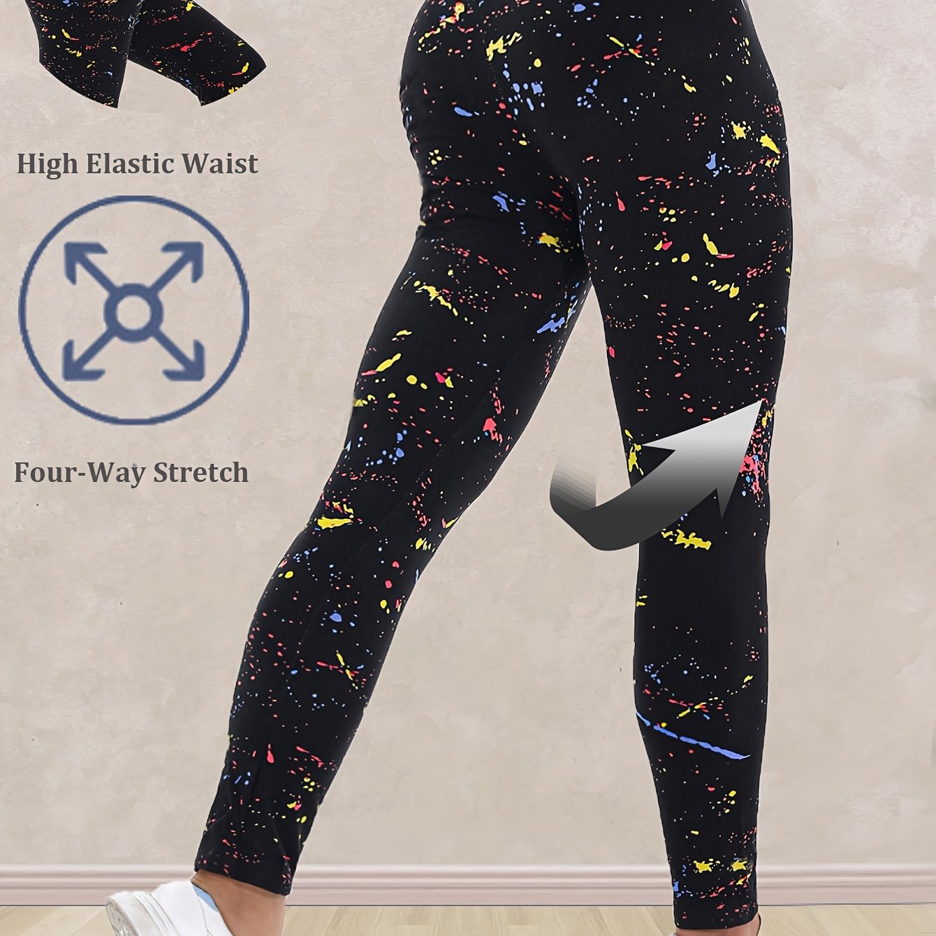 Women's Plus Size Cropped Leggings Black Ink Print High Waist Stretchy Sportswear