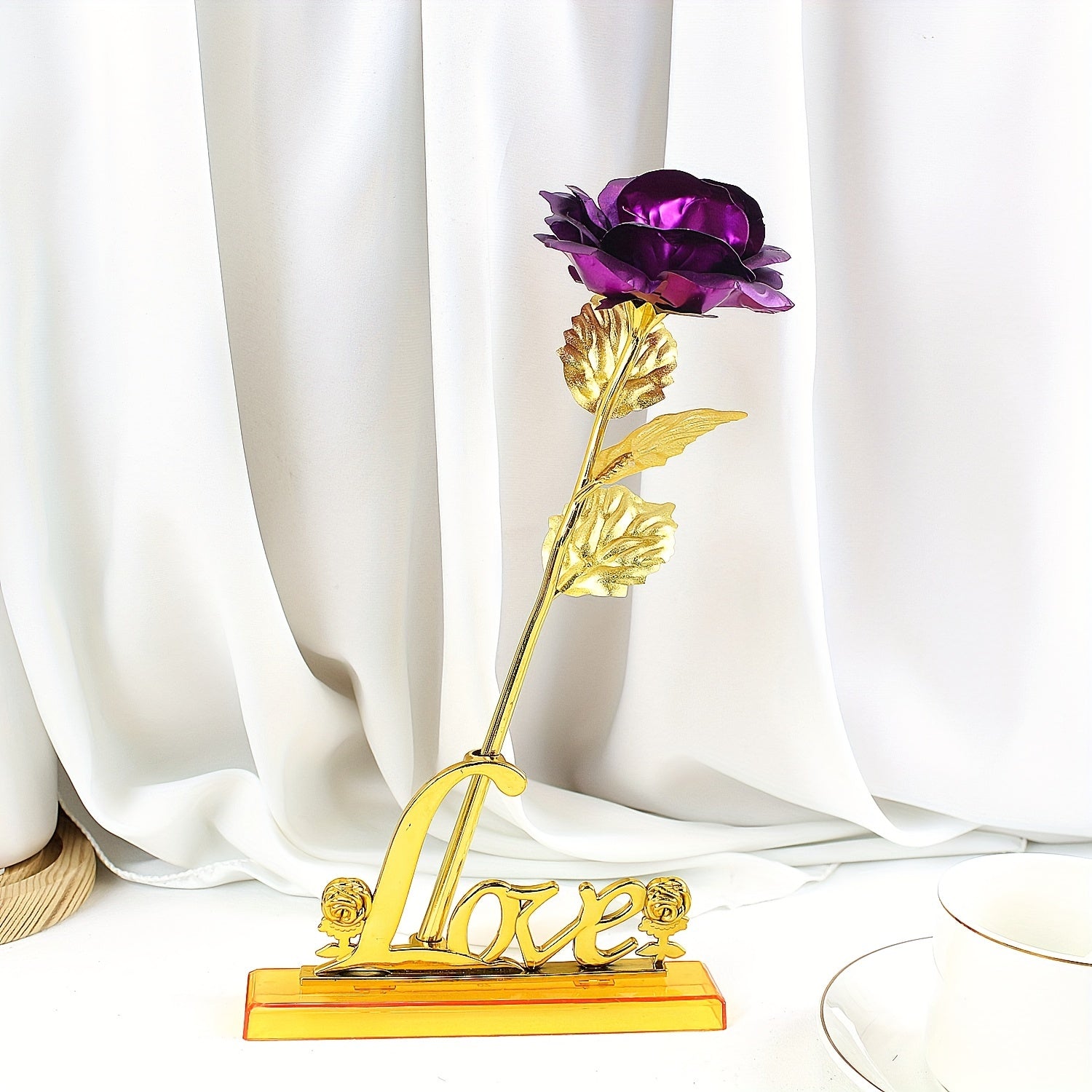 Juego de 2 rosas de oro artificial con base de amor arcoíris y rosas galaxia