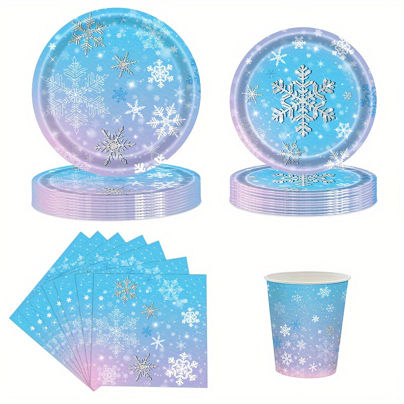 Winter Wonderland Party Supplies Set Blue Purple Snowflake Tableware Kit 68 Pieces
