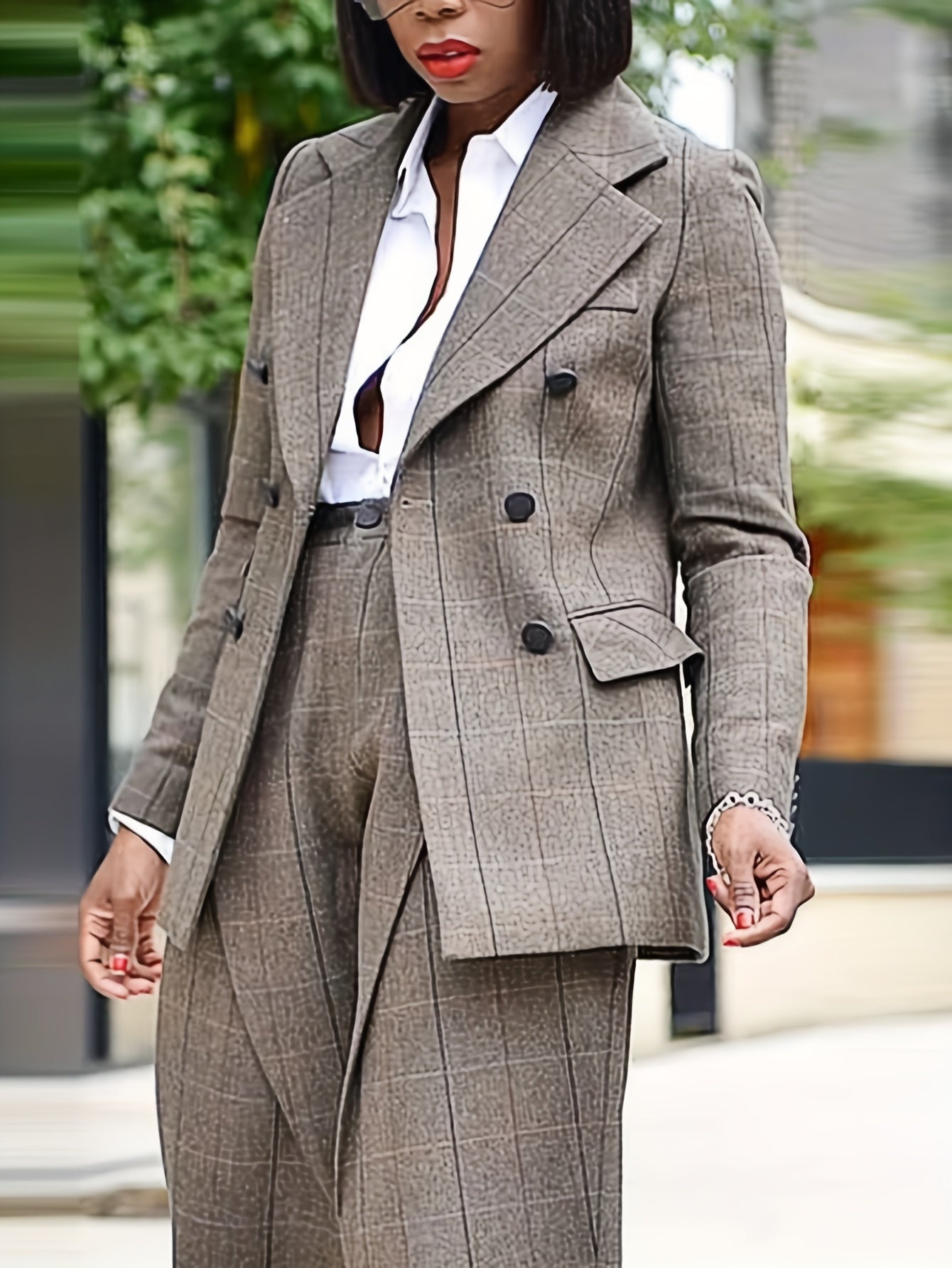 Conjunto de traje de cuadros casual para mujer con cuello de solapa de poliéster tejido primavera otoño