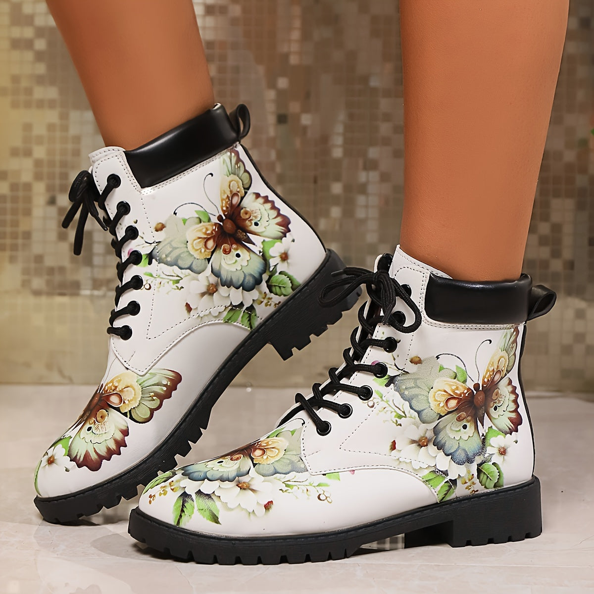Women’s Western Ankle Boots Floral Insect Print Non-Slip Cushioned Yellow Black