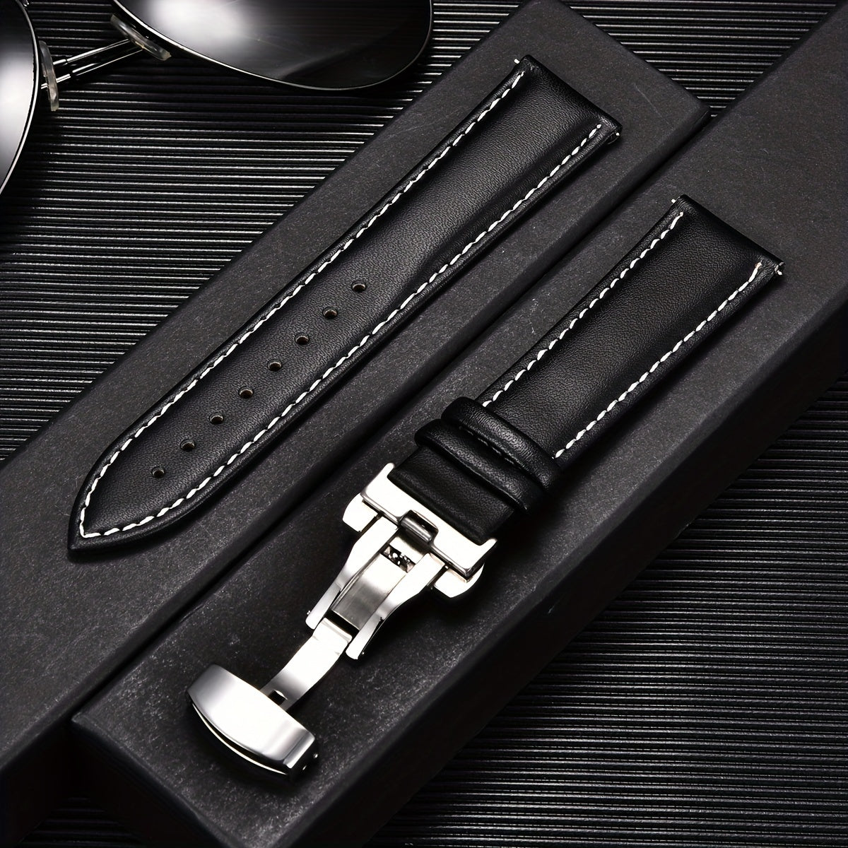 Double Press Solid Butterfly Buckle PU Leather Watch Strap 18mm 20mm 22mm 24mm