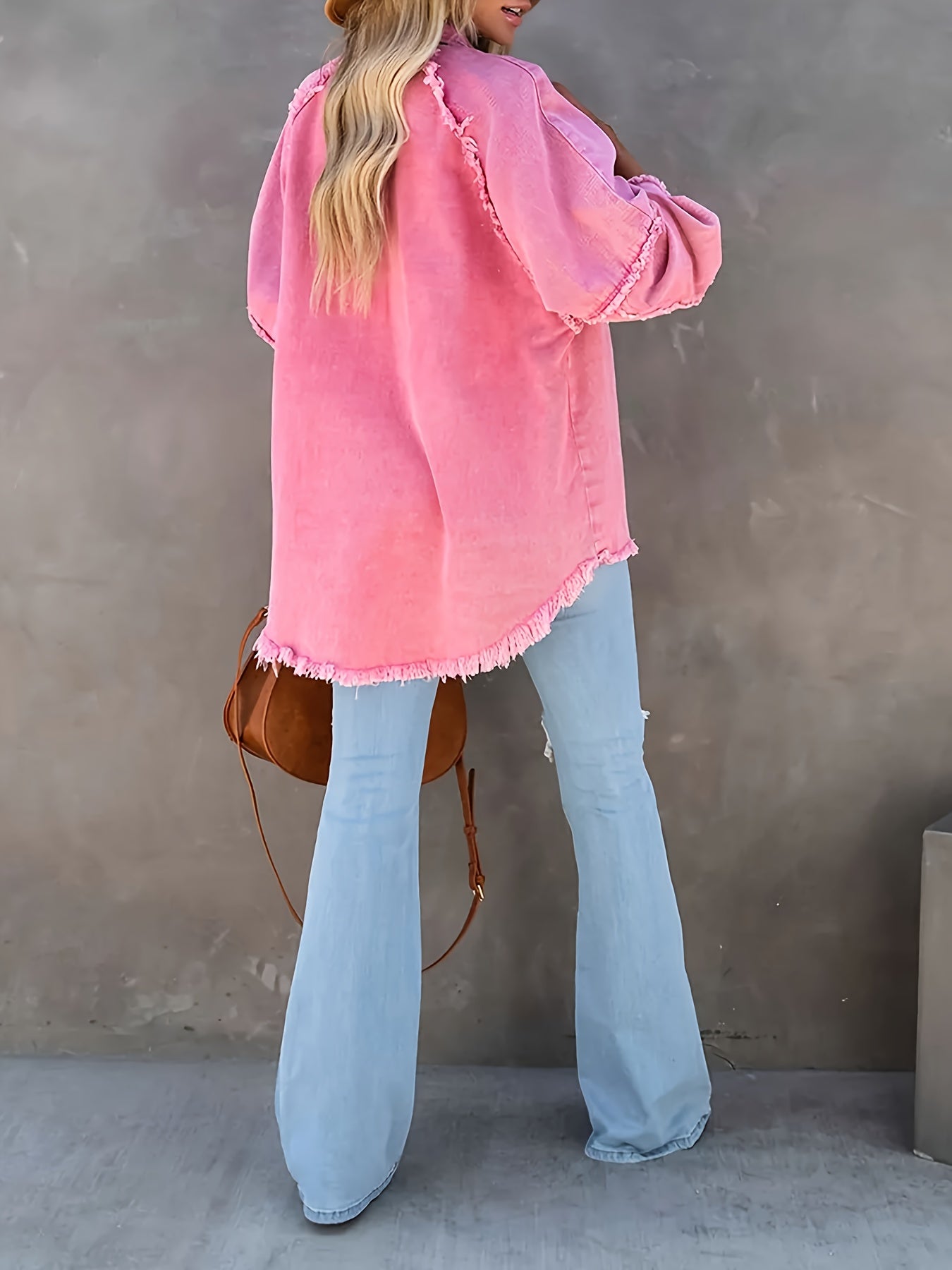 Plus Size Women's Denim Jacket Orange Oversized Frayed Hem Ripped Details Fall Winter