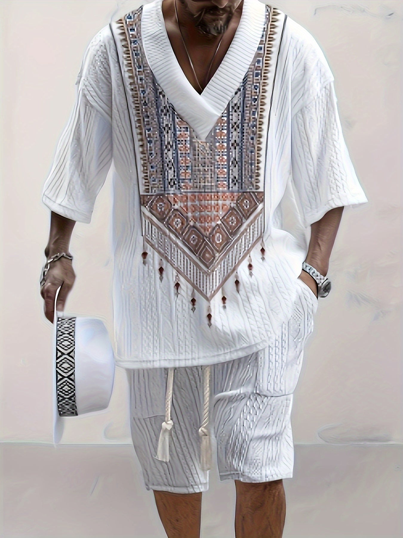 Men's Summer Casual Shorts and V-Neck T-Shirt Set Polyester Print Solid Color