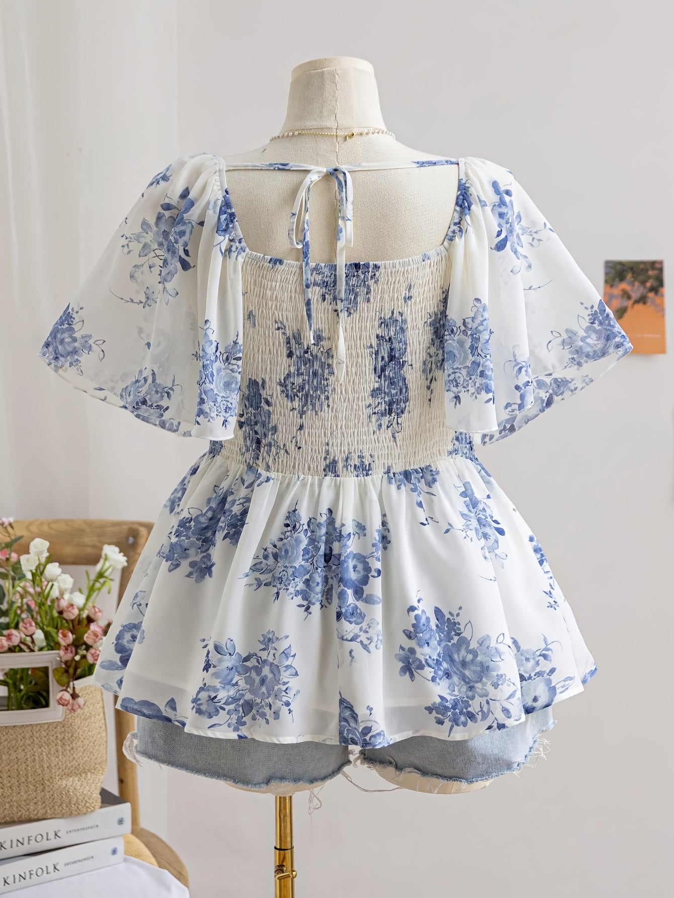 Plus Size Women's Floral Print A-Line Top Ruffled Neck Short Sleeve Polyester