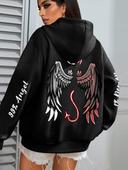 Plus Size Women's Angels & Demons Print Hoodie Long Sleeve Sweatshirt