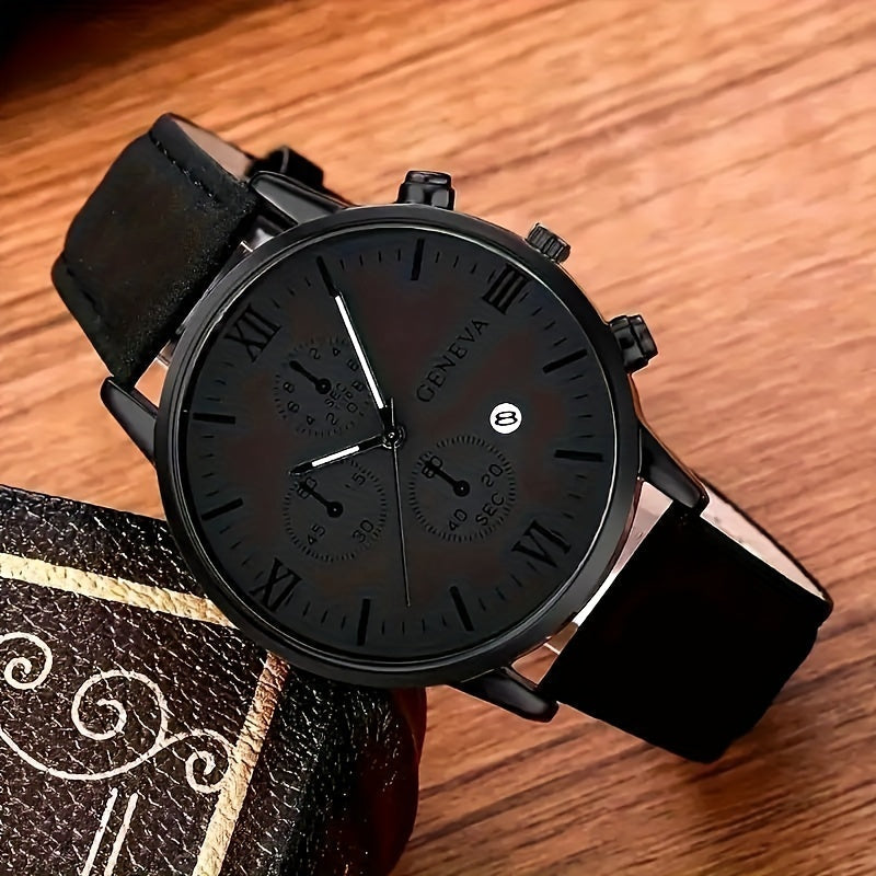 Men's Quartz Watch with Date Function Circular Dial Synthetic Leather Band Roman Numerals