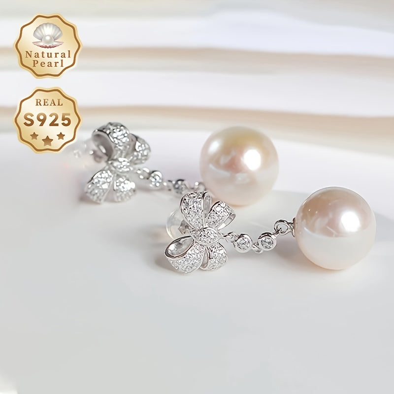 Women's Silver Earrings with Natural Freshwater Pearls and Bow Design