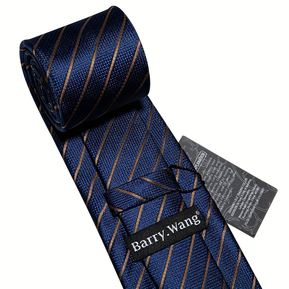 Barry.Wang Men's Business Classic Trendy Ties Hanky Cufflinks Set - Striped Neckties for Formal or Casual Wear, Perfect Gift Option