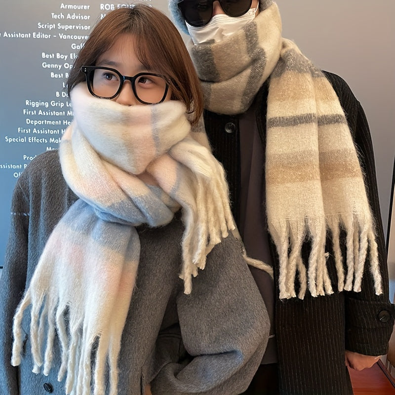 Cozy Striped Chunky Scarf for Couples Warm Windproof Autumn Winter Polyester Shawl