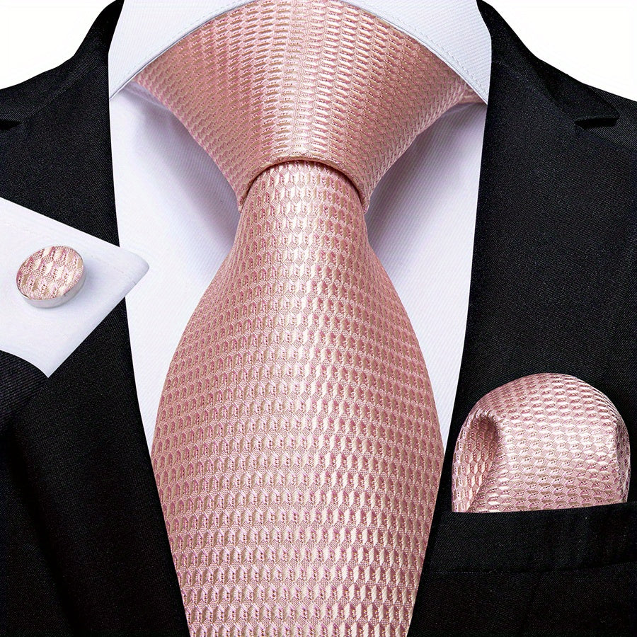 Men's Pink Solid Formal Tie Set with Handkerchief and Cufflinks for Weddings and Business