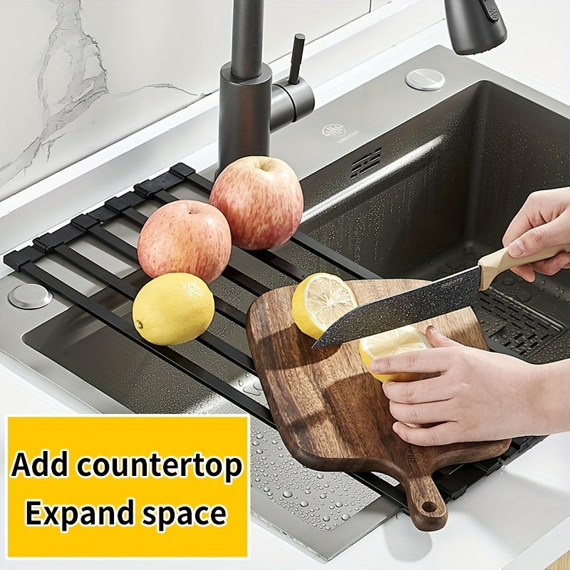 Foldable Aluminum Dish Rack with Drain Basket for Kitchen Sink Storage