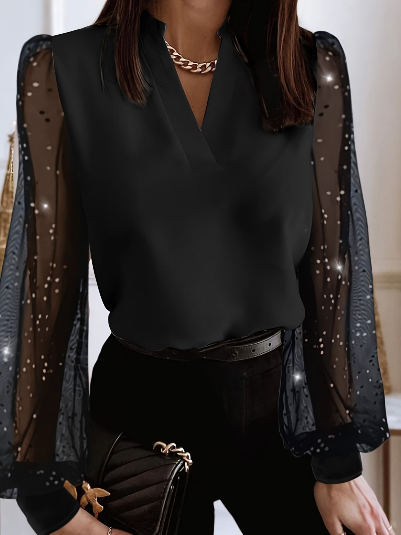 Women's Mesh Lounge Top with Rhinestone Decor Lantern Sleeves Fall Sleepwear Loungewear