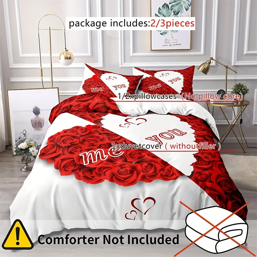 Red Rose Duvet Cover Set with 2 Pillowcases All-Season Polyester Zipper Closure